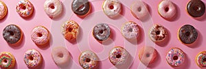 National Donut Day, a row of multi-colored donuts covered with icing and confetti, pink background