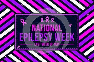 National Epilepsy Week purple background with ribbons and typography inside Box.