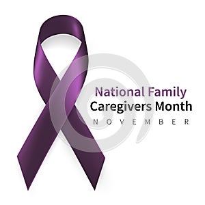 National Family Caregivers Month. Realistic Plum ribbon symbol. Medical Design. Vector illustration