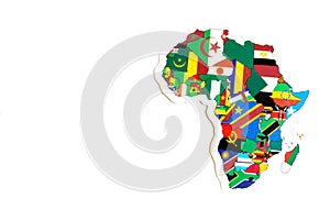 National flag of Africa. Continent outline on white background with copy space. Politics illustration