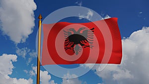 National flag of Albania waving 3D Render with flagpole and blue sky, Republic of Albania flag textile, Flamuri Kombetar