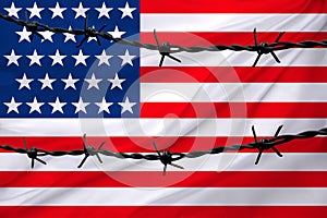 National flag of america on textured background, rows of barbed wire, concept of war, revolution, armed uprising in country,