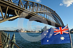 The National flag of Australia flay under Sydney Harbour Bridge