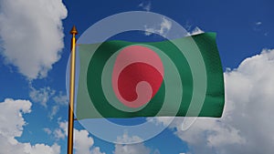 National flag of Bangladesh waving 3D Render with flagpole and blue sky, Bangladesh flag designed by Quamrul Hassan and