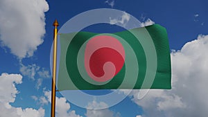 National flag of Bangladesh waving 3D Render with flagpole and blue sky timelapse, Bangladesh flag designed by Quamrul