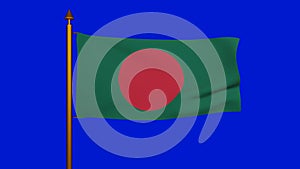 National flag of Bangladesh waving 3D Render with flagpole on chroma key, Bangladesh flag designed by Quamrul Hassan and