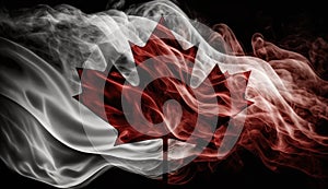 National flag of Canada made from colored smoke isolated on black background. Abstract silky wave background