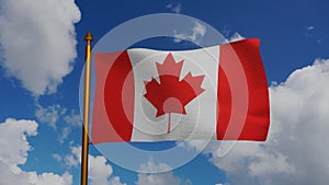 National flag of Canada waving 3D Render with flagpole and blue sky, le Drapeau national du Canada or Canadian flag