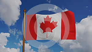 National flag of Canada waving 3D Render with flagpole and blue sky timelapse, le Drapeau national du Canada or Canadian