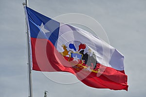 National flag of Chile with stamped coat of arms