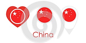 National flag of China, round icon, heart icon and location sign