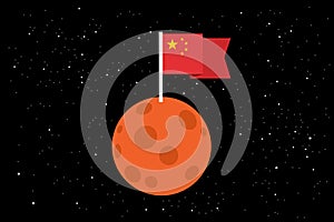 National flag of China is waving on the Mars - planet is explored and colonized by country.