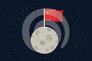 National flag of China is waving on the Moon - natural satellite is explored and colonized by country.