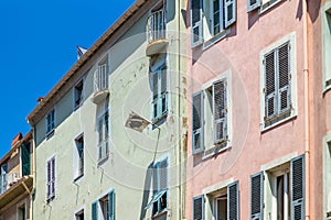 The national flag of Corsica hanging in the streets of Ajaccio