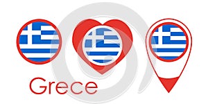 National flag of Crece, round icon, heart icon and location sign