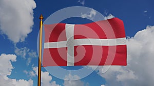 National flag of Denmark waving 3D Render with flagpole and blue sky timelapse, Dannebrog with white Scandinavian cross