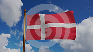 National flag of Denmark waving 3D Render with flagpole and blue sky, Dannebrog with white Scandinavian cross textile photo