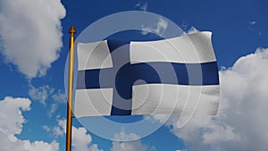 National flag of Finland waving 3D Render with flagpole and blue sky, Suomen lippu or Finlands flagga and Siniristilippu