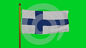 National flag of Finland waving 3D Render with flagpole on chroma key, Suomen lippu or Finlands flagga and