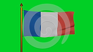 National flag of France waving 3D Render with flagpole on chroma key, drapeau francais tricolour or French Tricolour