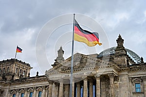 National flag of Germany on Reichstag building in Berlin