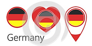 National flag of Germany, round icon, heart icon and location sign