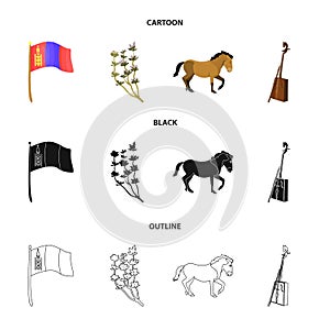 National flag, horse, musical instrument, steppe plant. Mongolia set collection icons in cartoon,black,outline style