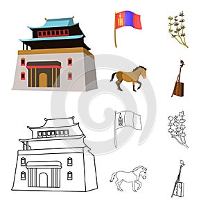 National flag, horse, musical instrument, steppe plant. Mongolia set collection icons in cartoon,outline style vector