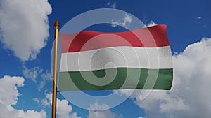 National flag of Hungary waving 3D Render with flagpole and blue sky, Magyarorszag zaszlaja is official flag of Hungary