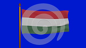 National flag of Hungary waving 3D Render with flagpole on chroma key, Magyarorszag zaszlaja is official flag of Hungary