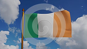 National flag of Ireland waving 3D Render with flagpole and blue sky timelapse, bratach na heireann or Irish tricolour