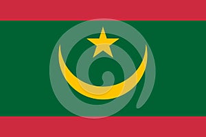 National Flag Islamic Republic of Mauritania, Two red stripes flanking a green field; charged with a golden upward-pointed