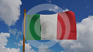 National flag of Italy waving 3D Render with flagpole and blue sky timelapse, Italian flag or il Tricolore bandiera