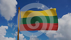 National flag of Lithuania waving 3D Render with flagpole and blue sky, Lietuvos veliava Lithuanian flag, Republic of