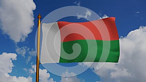 National flag of Madagascar waving 3D Render with flagpole and blue sky, sainani Madagasikara or drapeau de Madagasca