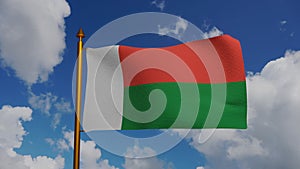 National flag of Madagascar waving 3D Render with flagpole and blue sky timelapse, sainani Madagasikara or drapeau de