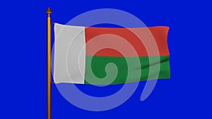 National flag of Madagascar waving 3D Render with flagpole on chroma key, sainani Madagasikara or drapeau de Madagasca