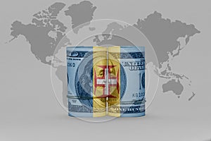 National flag of madeira on the dollar money banknote on the world map background .3d illustration