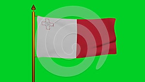 National flag of Malta waving 3D Render with flagpole on chroma key, Republic of Malta flag textile or Bandiera ta