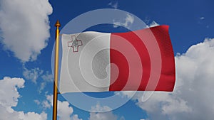 National flag of Malta waving 3D Render with flagpole and blue sky, Republic of Malta flag textile or Bandiera ta photo