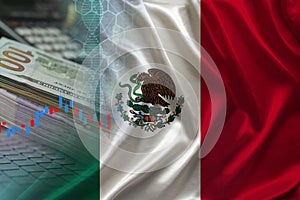 National flag of mexico on satin, dollar bills, computer, concept of global trading on the stock exchange, falling and rising