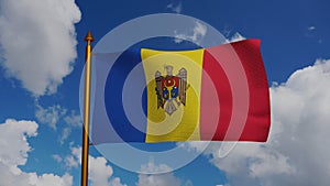 National flag of Moldova waving 3D Render with flagpole and blue sky, Republic of Moldova flag textile or Drapelul