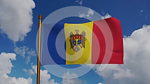 National flag of Moldova waving 3D Render with flagpole and blue sky timelapse, Republic of Moldova flag textile or