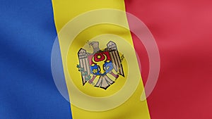 National flag of Moldova waving 3D Render, Republic of Moldova flag textile or Drapelul Moldovei, coat of arms Moldova
