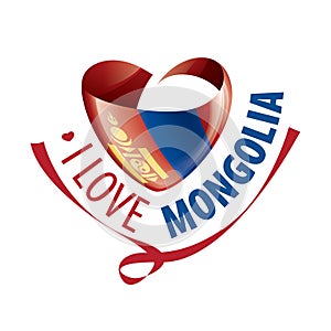 National flag of the Mongolia in the shape of a heart and the inscription I love Mongolia. Vector illustration