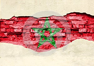 National flag of Morocco on a brick background. Brick wall with partially destroyed plaster, background or texture