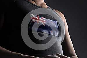 The national flag of New Zealand on the athlete& x27;s chest