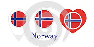 National flag of Norway, round icon, heart icon and location sign