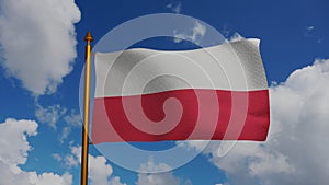 National flag of Poland waving 3D Render with flagpole and blue sky, flaga Polski or Flag of the Republic of Poland photo