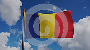 National flag of Romania waving 3D Render with flagpole and blue sky, Republic of Romania flag textile or drapelul